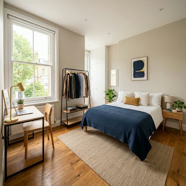 Bright bedroom with desk and clothes rack